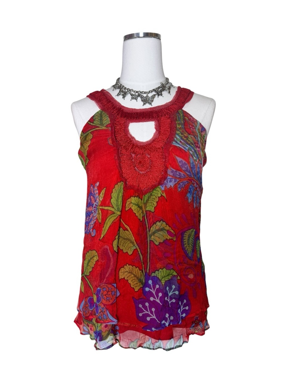 Y2K Derhy Red Floral Sleeveless Women's Top with Crochet Neckline Size Medium
